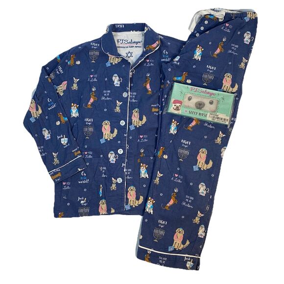 PJ Salvage sz S Blue Flannel Hanukkah Pajamas - Picture 1 of 16